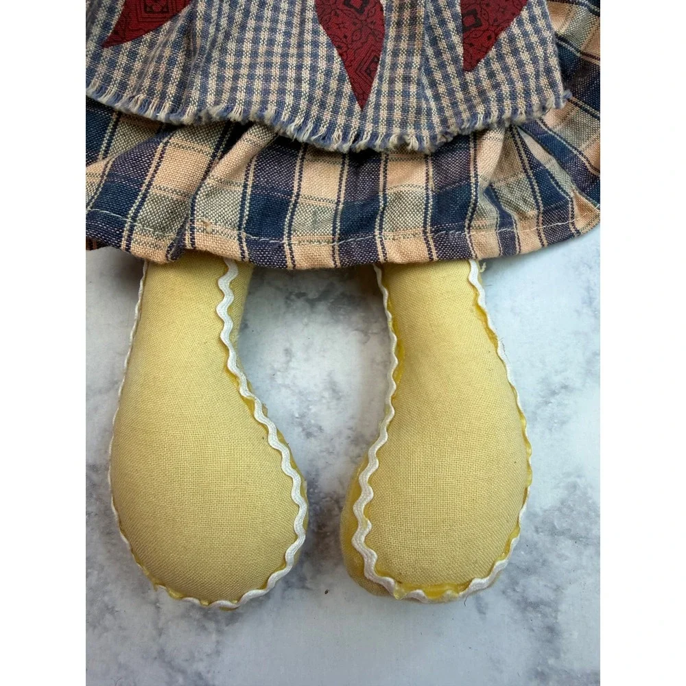 Primitive Cloth Doll Shelf Sitter Plaid Dress Country Farmhouse Folk Art 10in